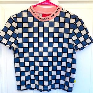 Lazy Oaf cotton blue/white short sleeve t-shirt with pink Mr. Lazy ribbing